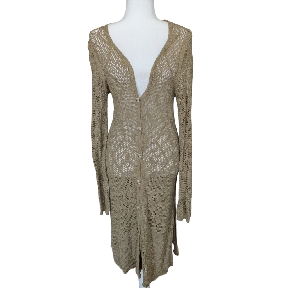Free People Olive Green Cutie Booty Crochet Knit Button Longline Cardigan Large